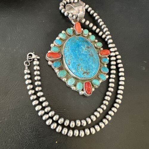 Navajo Red Spiny oyster | Blue Turquoise Pendant Necklace | Sterling Silver | Multi-Stone | 17148