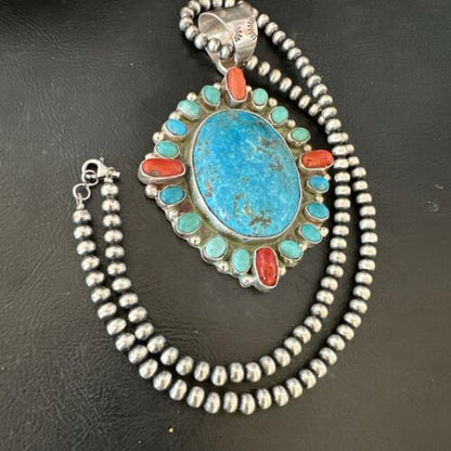 Navajo Red Spiny oyster | Blue Turquoise Pendant Necklace | Sterling Silver | Multi-Stone | 17148