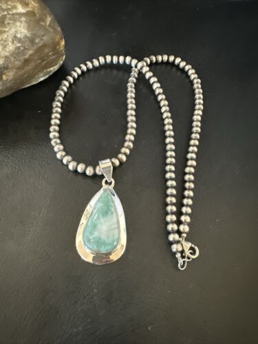 Navajo Blue Larimar Pendant Necklace | Sterling Silver Beads | Authentic Native American Handmade | 17564
