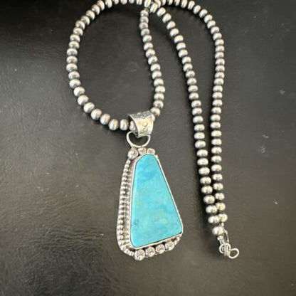 Navajo Pearls Kingman Turquoise Pendant Necklace | Sterling Silver | Authentic Native American Handmade | 17132