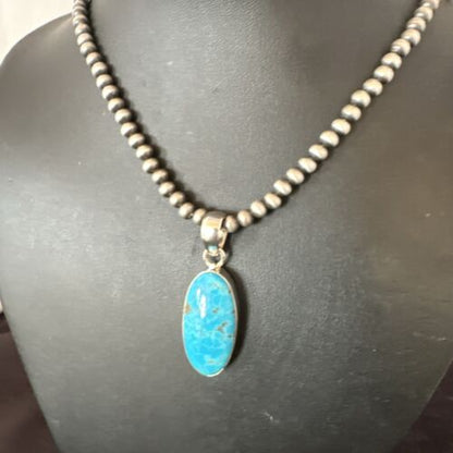 Navajo Blue Kingman Turquoise Pendant with Pearls | Sterling Silver Necklace | 20" | 16993