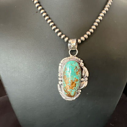Navajo Blue Turquoise #8 Pendant | Sterling Silver Necklace with Pearls | Authentic Native American Handmade | 15903