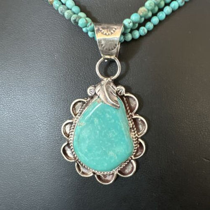 Navajo Blue Turquoise Pendant | Sterling Silver 3-Strand Bead Necklace | 17" | Authentic Native American Handmade | 15996