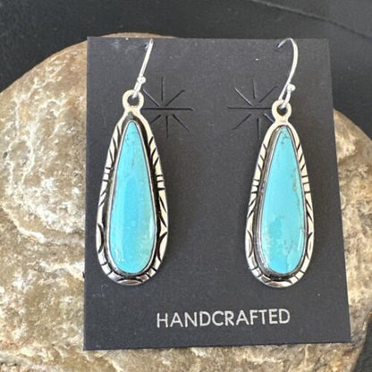 Navajo Blue Turquoise Dangle Earrings | Sterling Silver | Authentic Native American Handmade | 16511