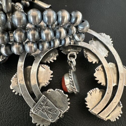 Navajo Red Coral Naja Pendant | Sterling Silver Squash Blossom Necklace & Earrings | 17047
