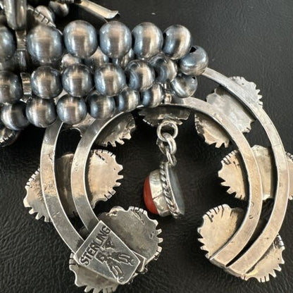 Navajo Red Coral Naja Pendant | Sterling Silver Squash Blossom Necklace & Earrings | 17047