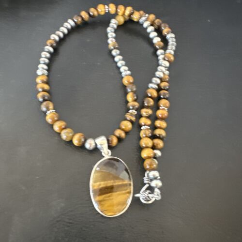 Southwestern Coffee Brown Tiger's Eye Pendant Necklace | Sterling Silver | Native American Handmade | 15867