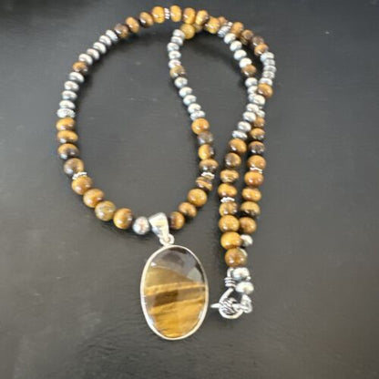 Southwestern Coffee Brown Tiger's Eye Pendant Necklace | Sterling Silver | Native American Handmade | 15867