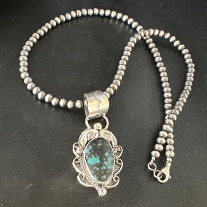 Navajo Blue Spiderweb Turquoise Pendant Necklace | Sterling Silver | Native American Handmade | 15096