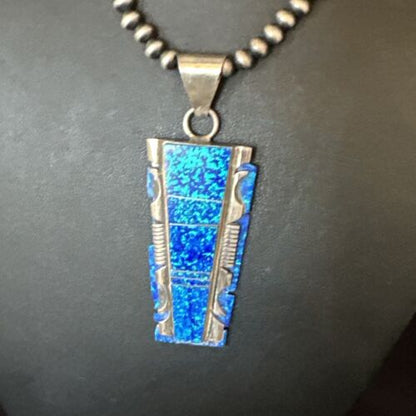 Blue Opal Pendant Necklace | Navajo Pearls & Sterling Silver Beads | Authentic Native American | 15181