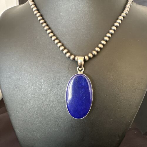 Navajo Blue Lapis Pendant with Pearls | Sterling Silver Necklace | 20" | Authentic Native American Handmade | 16668 - Masha USA