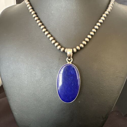 Navajo Blue Lapis Pendant with Pearls | Sterling Silver Necklace | 20" | Authentic Native American Handmade | 16668 - Masha USA