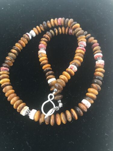 Men's Tiger Eye & Spiny Oyster Necklace | Navajo Pearls | Sterling Silver | 19" | 15227