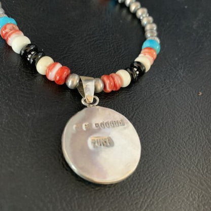 Zuni Multi-Color Turquoise Onyx Necklace with Inlay Pendant | Sterling Silver | 13565