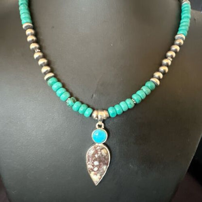 Navajo Wild Horse | Blue Kingman Turquoise Pendant Necklace | Sterling Silver | Native American Handmade | 17573