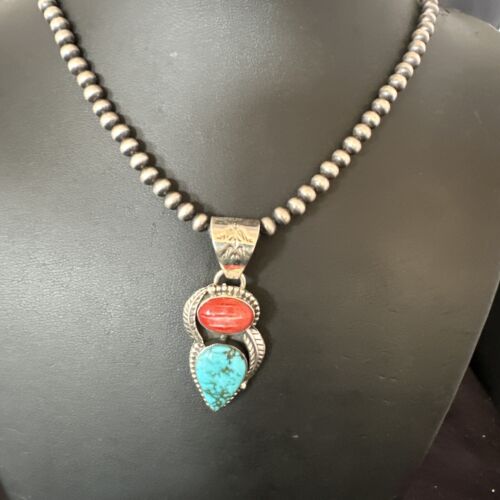 Navajo Blue Turquoise Red Spiny Oyster Pendant Necklace | Sterling Silver | Multi-Stone | 16291