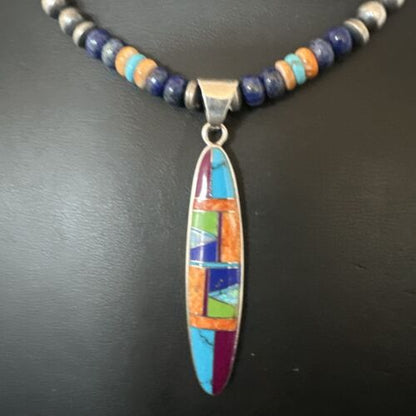 Navajo Spiny Oyster Turquoise Lapis Inlay Pendant Necklace | Sterling Silver | 21" | Authentic Native American Handmade | 16766