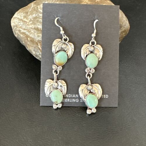 Navajo Blue Green Turquoise Dangle Earrings | Sterling Silver | 1.5" | Authentic Native American Handmade | 17385