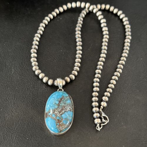 Navajo Blue Spiderweb Turquoise Pendant Necklace | Sterling Silver | Authentic Native American Handmade | 17017