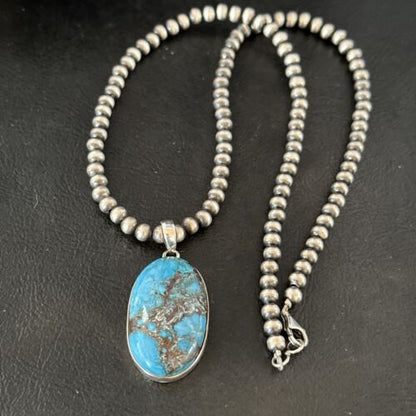 Navajo Blue Spiderweb Turquoise Pendant Necklace | Sterling Silver | Authentic Native American Handmade | 17017