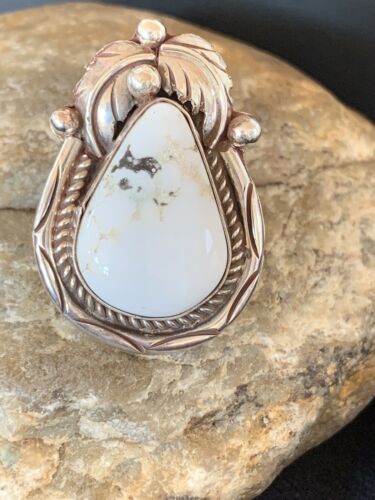 Navajo White Buffalo Turquoise Ring | Sterling Silver | Sz 9 | Authentic Native American Handmade | 00685