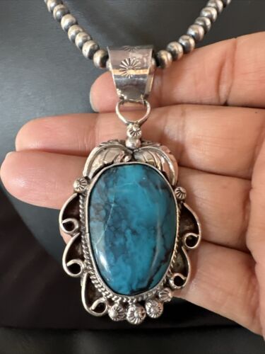 Navajo Pearls Blue Turquoise Necklace Pendant | Sterling Silver | Authentic Native American Handmade | 14882