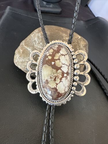 Navajo Men's Bolo Tie | Wild Horse Turquoise | Sterling Silver | Native American Handmade | 16757