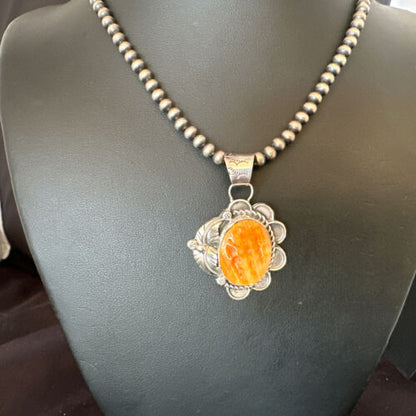 Navajo Orange Spiny Oyster Pendant Necklace | Sterling Silver Pearls | Authentic Native American Handmade | 16554