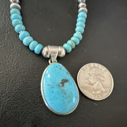 Navajo Blue Kingman Turquoise Pendant Necklace | Sterling Silver | 21" | Authentic Native American Handmade | 16932