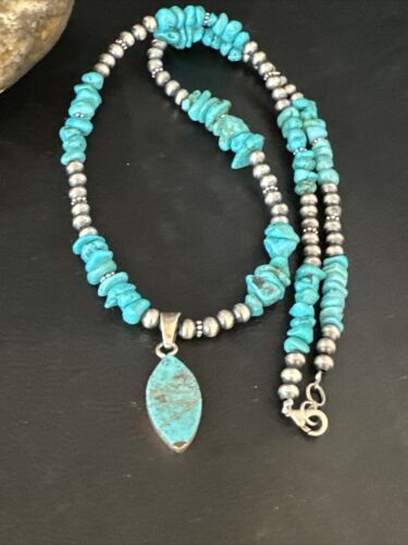 Navajo Kingman Turquoise Pendant Necklace | Sterling Silver | 22" | Authentic Native American Handmade | 14835