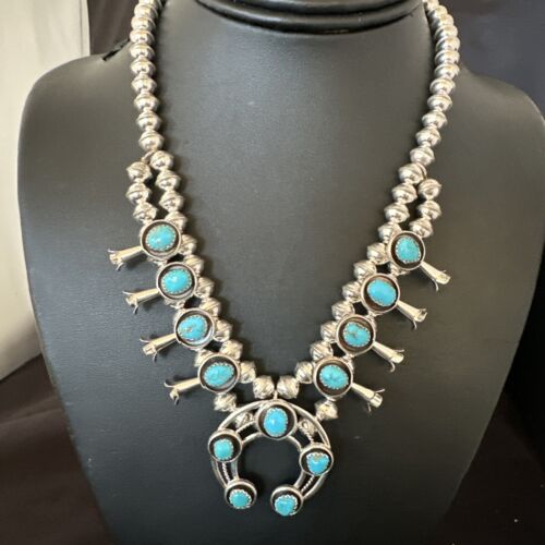 Navajo Kingman Turquoise Shadowbox Squash Blossom Necklace | Sterling Silver | 17" | 16111