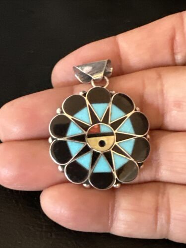 Zuni Sun Face Pendant | Turquoise, Mother of Pearl, Onyx Inlay | Sterling Silver | Native American Handmade | 15180