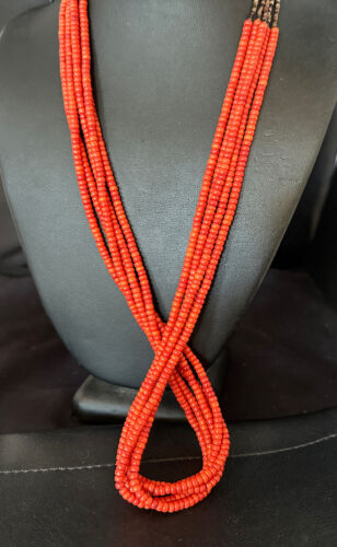 Navajo Red Spiny Oyster Shell Necklace | 5 Strand | Sterling Silver | 26" | Authentic Native American Handmade | 15530