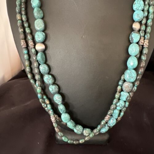 Navajo Spiderweb Turquoise Necklace | 3 Strands | Sterling Silver | 24" | Authentic Native American Handmade | 17403
