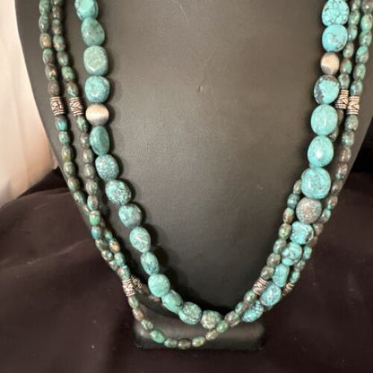 Navajo Spiderweb Turquoise Necklace | 3 Strands | Sterling Silver | 24" | Authentic Native American Handmade | 17403