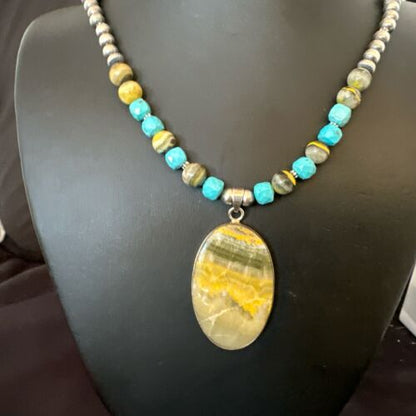 Men's BumbleBee Jasper Pendant Necklace | Navajo Pearls | Sterling Silver | Authentic Native American Handmade | 16878