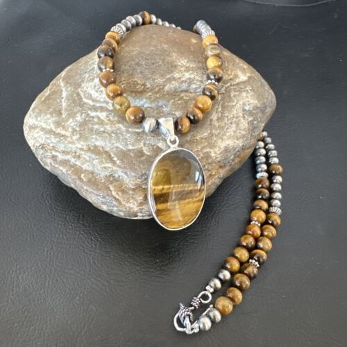 Southwestern Coffee Brown Tiger's Eye Pendant Necklace | Sterling Silver | Native American Handmade | 15867