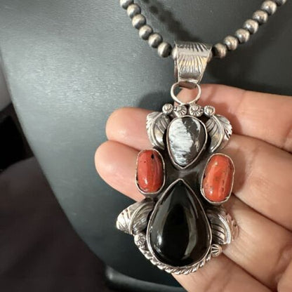 Navajo White Buffalo Coral Onyx Pearls Cluster Pendant | Sterling Silver | Native American Handmade | 15371
