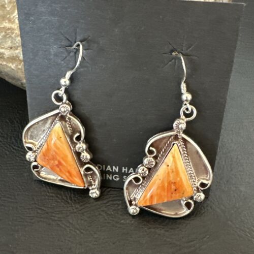 Navajo Orange Spiny Oyster Dangle Earrings | Sterling Silver | Authentic Native American Handmade | 17271