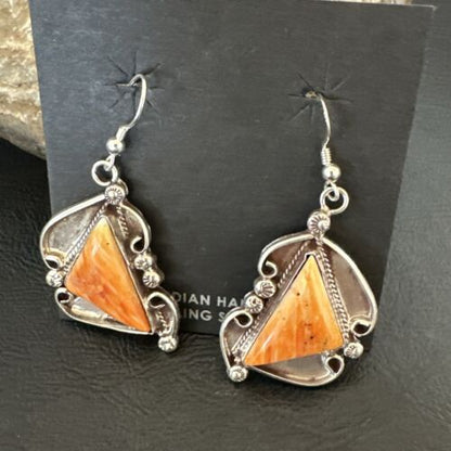 Navajo Orange Spiny Oyster Dangle Earrings | Sterling Silver | Authentic Native American Handmade | 17271