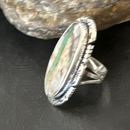 Navajo Ribbon Boulder Green Turquoise Ring | Sterling Silver | Sz 9 | Authentic Native American Handmade | 16252