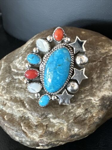 Navajo Coral Mother of Pearl Turquoise Multi-Stone Adjustable Ring | Authentic Native American Sterling Silver | Multi-Stone | 15331