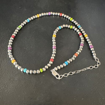 Multi-Color 4mm Navajo Pearls Necklace | Sterling Silver | 20" Hook Eye | Authentic Native American Handmade | 94320
