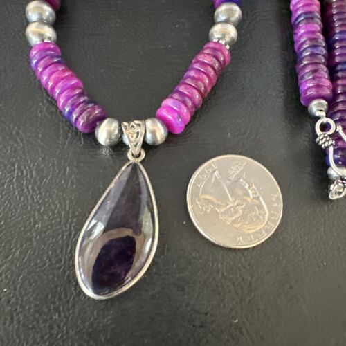 Navajo Pearls Purple Sugilite Pendant Necklace | Sterling Silver Beads | Authentic Native American Handmade | 15373