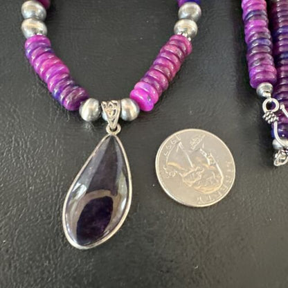 Navajo Pearls Purple Sugilite Pendant Necklace | Sterling Silver Beads | Authentic Native American Handmade | 15373