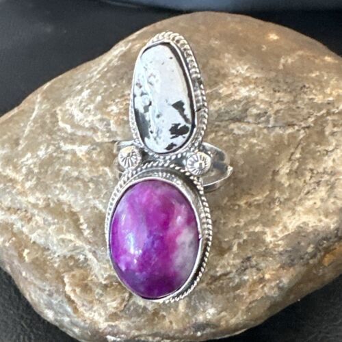 Navajo White Buffalo Turquoise Sugilite Ring | Authentic Native American Sterling Silver | Multi-Stone | Sz 9.5 | 16718