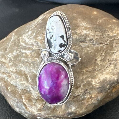 Navajo White Buffalo Turquoise Sugilite Ring | Authentic Native American Sterling Silver | Multi-Stone | Sz 9.5 | 16718