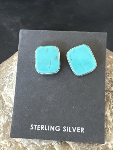 Navajo Blue Kingman Turquoise Post Stud Earrings | Sterling Silver | Authentic Native American Handmade | 17481