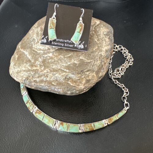Navajo Choker Necklace with Blue #8 Turquoise Inlay | Sterling Silver Earrings Set | Native American Handmade | 16265