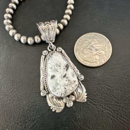 Navajo White Buffalo Turquoise Pendant Necklace | Sterling Silver | Authentic Native American Handmade | 17520
